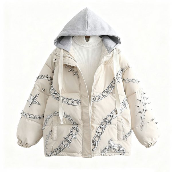 Women's Edgy Chain & Spike Print Contrast Hood Puffer Jacket