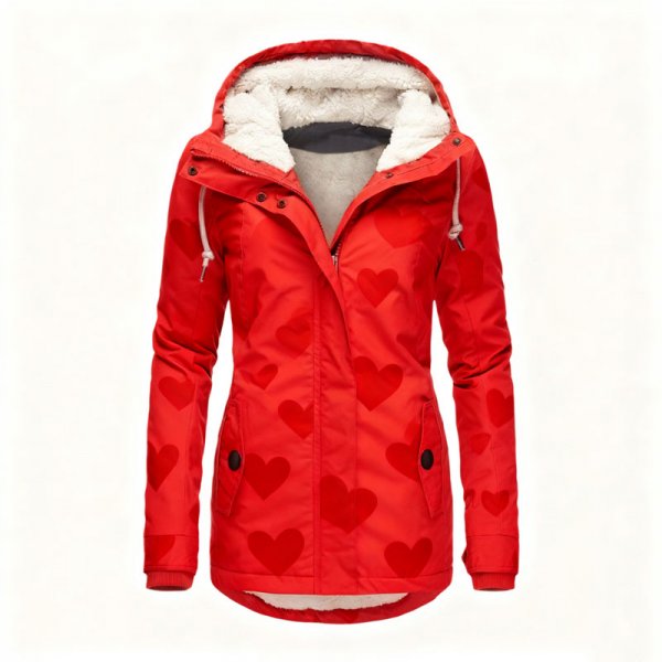 Women's Red Heart Print Fleece-Lined Hooded Jacket