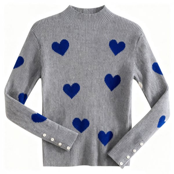 Women's Gray Ribbed Turtleneck Sweater with Blue Heart Print