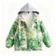 Women's Fresh Green Leaf Print Contrast Hood Puffer Jacket