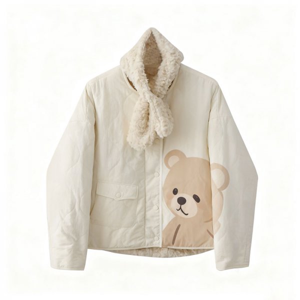 Women's Cute Bear Print Cream Quilted Jacket with Faux Fur Collar