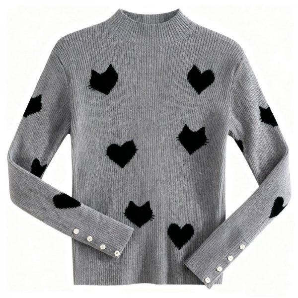 Women's Gray Ribbed Turtleneck Sweater with Black Cat & Heart Print