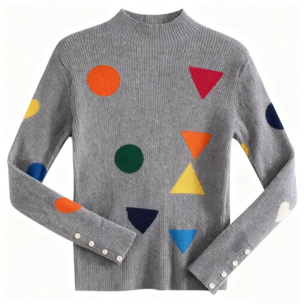 Women's Gray Ribbed Turtleneck Sweater with Colorful Geometric Print