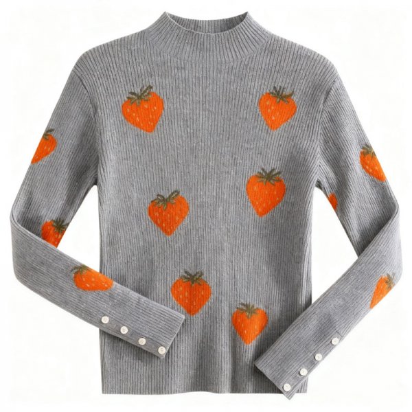 Women's Gray Ribbed Turtleneck Sweater with Orange Strawberry Print