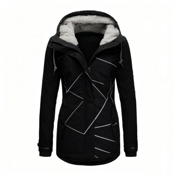Women's Black Geometric Line Fleece-Lined Hooded Jacket